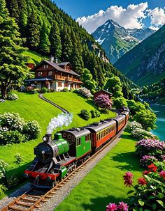 a painting of a train going down the tracks in front of a house and mountains