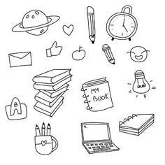 the back to school doodle is shown with books, pencils and an alarm clock