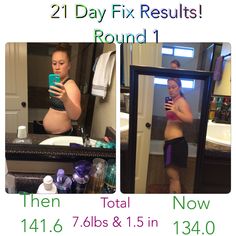 a woman taking a selfie in front of a mirror with the caption'21 day fix results round 1 '