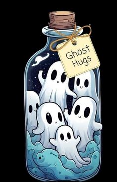 ghost in a bottle with the words ghost hugs written on it and five ghosts floating around