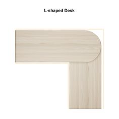 the l - shaped desk is shown in light wood with an angled edge and curved top