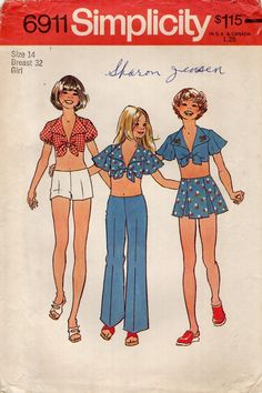 Simplicity 6911 Hip-Hugger Pants, Shorts, Mini Skirt, Crop Top Sz 14 INCOMPLETE Mini Skirt Sewing, Mini Skirt Sewing Pattern, Skirt Crop Top, Midriff Top, 1970s Sewing Patterns, Skirt Crop, Skirt Patterns Sewing, Sewing Skirts, Simplicity Sewing Patterns