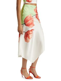 "Find ALICE + OLIVIA Harmony Floral Satin Midi-skirt on Editorialist. Cut from double-faced satin, the Harmony midi-skirt from Alice + Olivia boasts an enlarged ombré floral print and an asymmetric flutter hem. Back-zip closure 100% polyester Combo: 95% polyester/5% elastane Dry clean Imported SIZE & FIT About 31.5\" from shoulder to hem Model measurements: 5'10\" tall Model is wearing a US size 4 Please Note: This item runs small. ABOUT THE BRAND Founder Stacey Bendet has been embracing bold co Eclectic Prints, Stacey Bendet, Color Dream, Satin Midi Skirt, Feminine Aesthetic, Asymmetrical Skirt, Tall Model, Alice Olivia, Printed Skirts