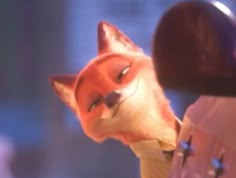 an animated fox is standing in front of a microphone and looking at the camera man