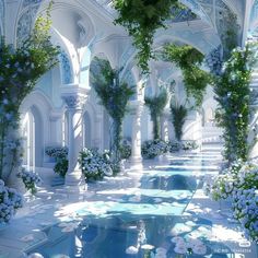 an indoor swimming pool surrounded by greenery and white flowers in a palace like setting