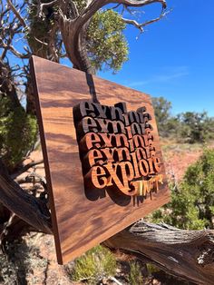 a wooden sign hanging from the side of a tree