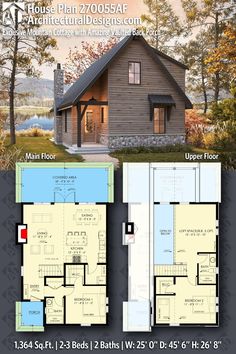 the floor plan for a small cabin house with lofts and an open living area