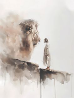 a man standing on top of a cliff next to a lion