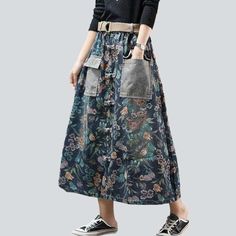 Introducing the 2023 Spring-Summer Collection's cargo jeans skirt with flowers a fresh take on urban flair that is sure to make you stand out! This tall-waisted. long. and painted piece is the perfect blend of contemporary trendy and nostalgic grunge. with a unique distressed pattern and rubber closure for maximum comfort and style.Why It's A Must-Have Grunge Vibes: Embrace the '90s vibe without compromising on sophistication. Distinctive Design: The unique distressed pattern and rubber closure Summer Denim Skirt With Pockets And Relaxed Fit, Bohemian High Waist Denim Skirt For Summer, Summer Bohemian High-waist Denim Skirt, Trendy Spring Cargo Skirt, Relaxed Fit Denim Skirt With Pockets For Summer, Casual Cargo Skirt For Spring, Spring Cotton Cargo Skirt With Pockets, Casual Blue Bottoms With Floral Patchwork, Casual Long Skirt With Floral Patchwork