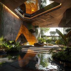 the interior of a modern house with water and plants