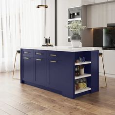 a kitchen with blue cabinets and white counter tops