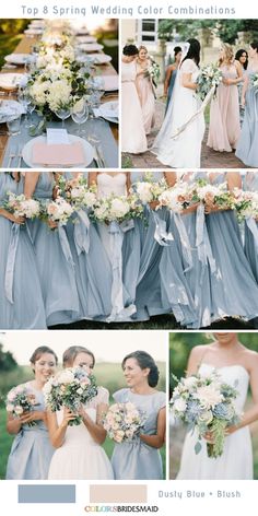 the bridesmaids are all dressed in blue and white