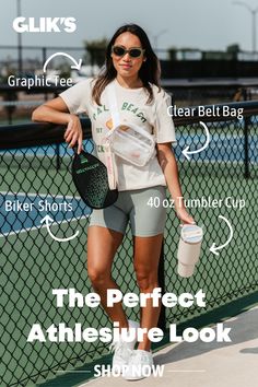 the perfect athleisure look with a graphic tee, biker shorts, belt bag, and tumbler cup Athletic Outfit Ideas, Athleisure Looks, Clear Belt