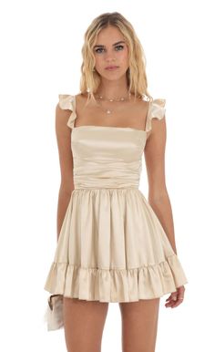 Aldina Fit and Flare Dress in Champagne | LUCY IN THE SKY Mitzvah Dresses, Semi Dresses, Cute Formal Dresses, School Dance Dresses, Cute Homecoming Dresses, Winter Formal Dresses, Rush Dresses, Banquet Dresses, Preppy Dresses