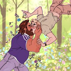 a man is being pulled by another man in the woods with flowers all around him