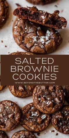 salted brownie cookies are piled on top of each other with the words salted brownie cookies above them