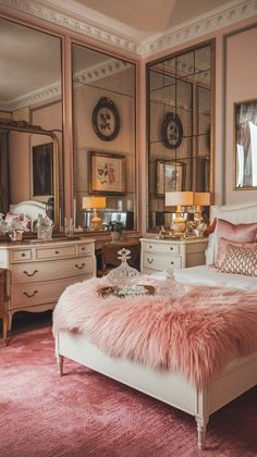 a bedroom with pink carpet and white bedding, dressers and mirror on the wall