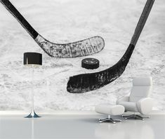 an ice hockey goalie's stick and puck in the snow wallpaper mural