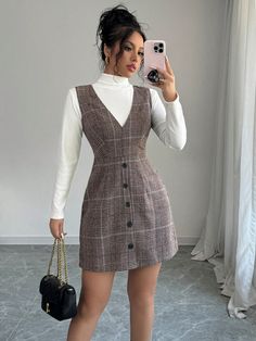 Women Fitted A-Line Checkered Wool Blend Casual Dress Multicolor Elegant  Sleeveless Fabric Plaid Pinafore Non-Stretch  Women Clothing, size features are:Bust: ,Length: ,Sleeve Length: Checkered Dress Outfit, Checkered Dress, Spring Women, Vestido Casual, Petite Women, Woman Fashion, Wool Dress, Cute Woman, Mesh Dress