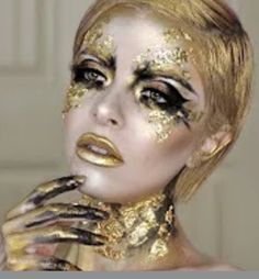 Black And Gold Editorial Makeup, Gold Drag Makeup, Gold Face Paint, Gold Inspo, Chocolate Makeup, Dark Hair Makeup, Futuristic Makeup, Happy Prince, Avant Guard