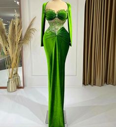 Green Fitted Long Sleeve Evening Dress, Long Sleeve Evening Dress With Fitted Bodice For Prom, Green Long Sleeve Prom Gown, Green Velvet Dress For Wedding, Fitted Velvet Embellished Evening Dress, Glamorous Velvet Wedding Dress, Embellished Velvet Prom Evening Dress, Glamorous Long Sleeve Homecoming Dresses, Velvet Floor-length Dress With Sweep Train