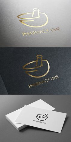 the logo for pharmacy line is shown in three different colors and font options, including gold foil