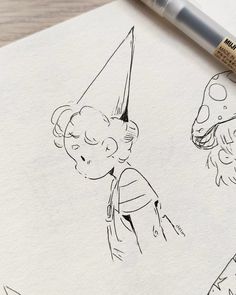 a drawing of a boy with a party hat on his head and an animal mask on his face