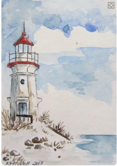 a watercolor painting of a lighthouse on the beach