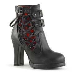 4" (10.5cm) Block Heel, 3/4" (2cm) Platform Two Tone Corset-Style Ankle Boot With Triple Buckled Straps and Lace Overlay Detail, Inner Side Zipper Demonia Boots, Gothic Boots, Closet Tour, Demonia Shoes, Gothic Shoes, Red Boots, Platform High Heels