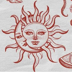 a drawing of the sun with two faces on it and other items in front of it