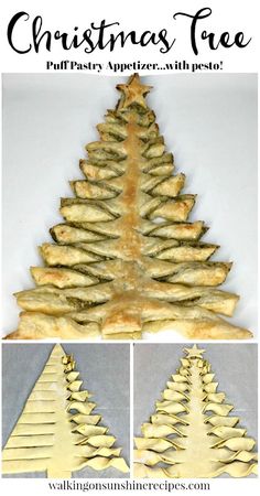 christmas tree made out of puff pastry with text overlay that says, how to make a