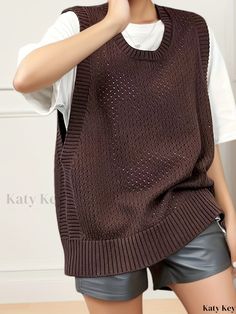 Katykey - Exquisite Womens Pointelle Knit Vest: Premium Quality Sleeveless Loose Sweater with Solid Crew Neck, Ideal for Casual Wear Loose Sweater, Premium Quality, Knit Vest, Casual Wear, Crew Neck, Knitting, How To Wear