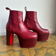 Rick Owen’s Platform Kiss Boots Gorgeous Shoes With Red Bottom Very Light Signs Of Wear (Pictured) Size 37.5 Women’s In Cardinal Red Does Not Come With Box But Comes With Black Dust Bag Rick Owens Kiss Boots, Kiss Boots, Rick Owens Shoes, Red Bottom, Gorgeous Shoes, Red Bottoms, Rick Owens, Picture Sizes, Dust Bag