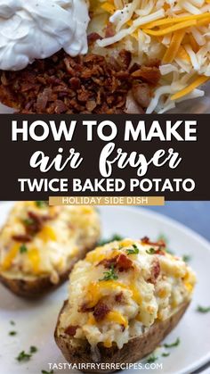 How To Make Air Fryer Twice Baked Potato? Our favorite holiday side dish just got better! This Air Fryer Twice Baked Potato Recipe is a great way to make cheesy stuffed potatoes using just your air fryer oven. Find air fryer twice baked potatoes easy, twice baked potato in the air fryer, and twice baked potato skins air fryer. Make this favorite holiday side dish today! Potato Skins Air Fryer, Twice Baked Potatoes Easy, Twice Baked Potato Recipe, Easy Twice Baked Potatoes, Baked Potato Recipe, Baked Potato Skins, Twice Baked Potato, New Air Fryer Recipes, Potatoes Easy