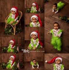 a collage of photos of a baby wearing green and red christmas clothes, smiling at the camera