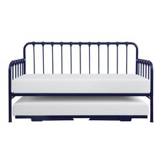 a blue metal daybed with a white mattress on it's bottom and side