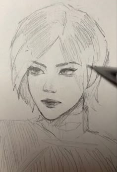 a pencil drawing of a woman's face with short hair and eyes, looking straight ahead