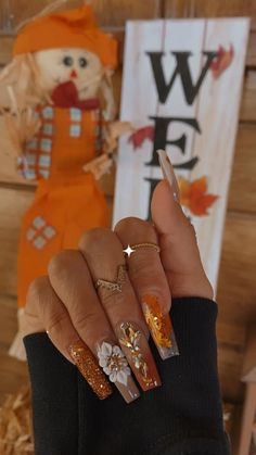 Thanksgiving Color Nails Acrylic, November Nails Thanksgiving, Thanksgiving Nails Medium Length, Fall Baddie Nails Acrylic, Fall Nails With Gems, Red Thanksgiving Nails, Hot Cheetos Nachos, Thanksgiving Acrylics