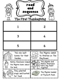 the first thanksgiving read and sequence worksheet for students to practice their reading skills