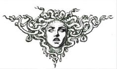 a drawing of a woman's face with snakes on her head