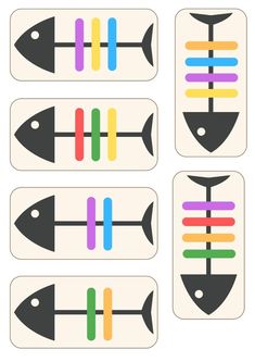 four different colored fish and arrow stickers on a white background with the same color