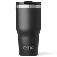 the rtic travel mug is black and silver