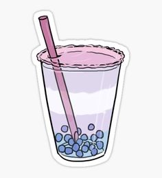 a pink straw in a glass filled with blueberries sticker on a white background