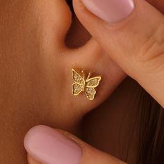 10k 14k 18k Solid Gold Butterfly Stud Earrings, Dainty Single or Pair Stud Animal Earrings, Tiny Butterfly Gold Earrings, Gift For Daughter This item is handmade and produced with 10k 14k 18k solid gold according to your preference. Gold Color : Yellow Gold, White Gold, Rose Gold Gemstone : Cubic Zirconia Earrings size: Heigth : 0.28 inches ( 7 mm ) Width : 0.30 inches ( 7,5 mm ) The item is made to order. We make it ready for shipment within 3 business days. Please contact us using the Ask a Question button regarding this necklace or other personalization requests. Thank you for visiting our shop. We wish you pleasant shopping. Gold Earrings Butterfly, Gold Butterfly Earrings Fine Jewelry, Gold Butterfly Fine Jewelry Earrings, 14k Gold Butterfly Earrings For Gift, 14k Gold Butterfly Earrings For Anniversary, Gold Plated Butterfly Earrings As Gift, Butterfly Shape Fine Jewelry Earrings For Gift, Butterfly Shaped Fine Jewelry Earrings For Gifts, Butterfly-shaped Yellow Gold Anniversary Earrings