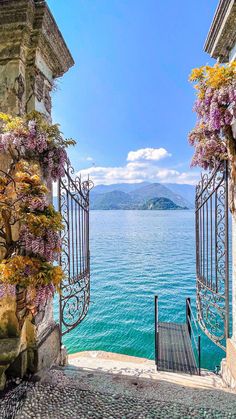 an open gate leading to the ocean with purple flowers growing on it's sides