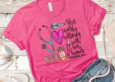 a t - shirt with the words, she is working with her health awarenesss on it