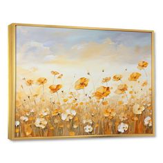 an oil painting on canvas of yellow and white flowers in a field with blue sky