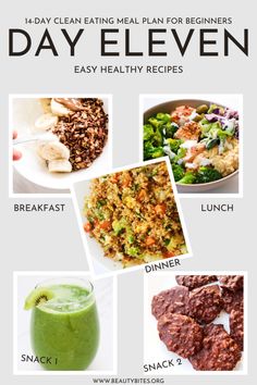 the healthy meal plan for day eleven is shown with pictures of different foods and drinks