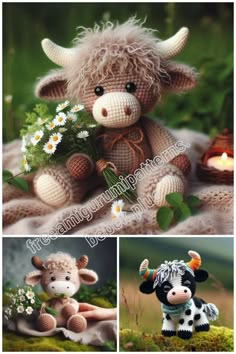 three pictures of stuffed animals with flowers in their hands, one is brown and the other is white