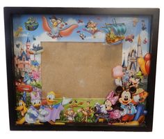 a mickey mouse photo frame with balloons and other disney characters around it on a white background